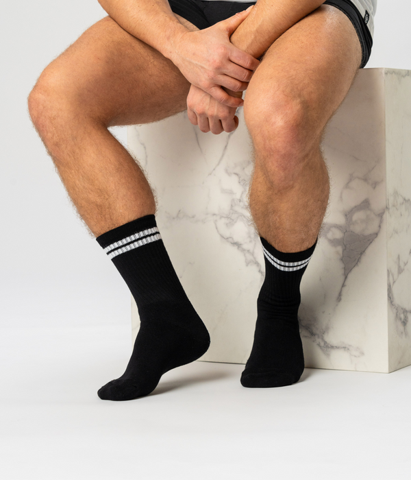 6 par bambus tennissokker sort med hvide striber/navy med hvide striber