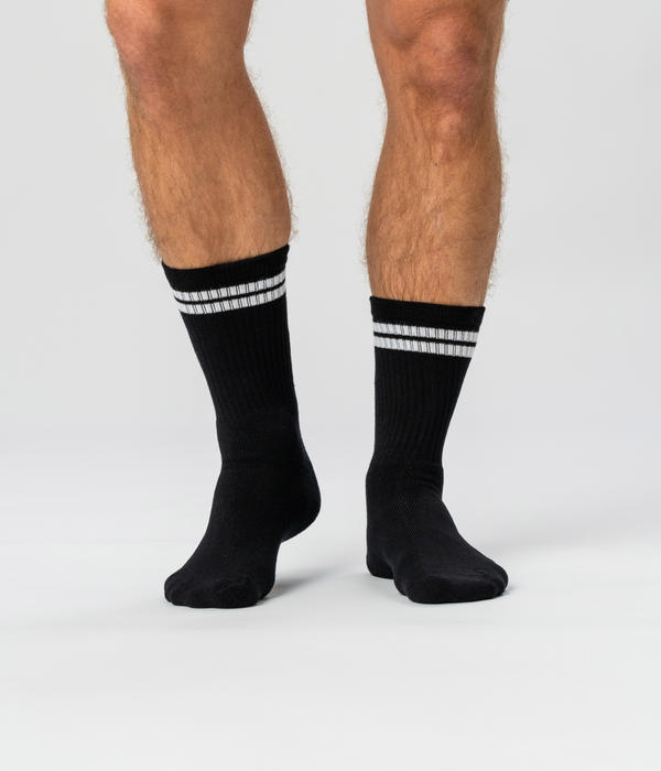 6 par bambus tennissokker sort med hvide striber/navy med hvide striber